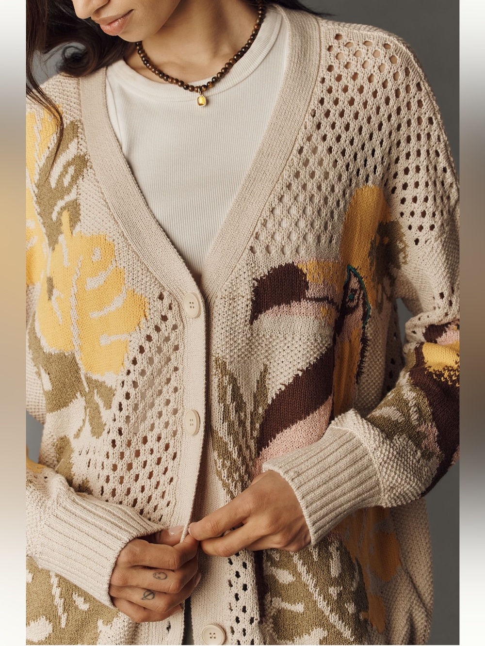 Anthropologie Toucan Cardigan Sweater Open Knit Long Sleeve New Large Tropical - Picture 2 of 15